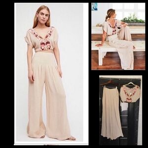 Free People 2 Pc Embroidered Crop Top & Wide Leg Pants 4 Ivory